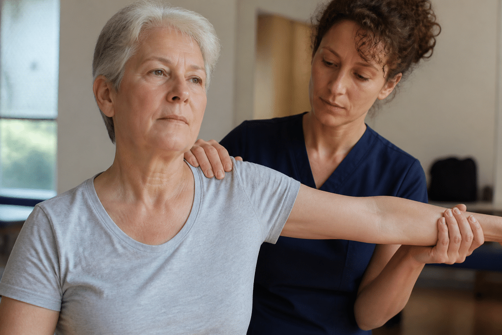 Patient en seance de kinesitherapie avec therapeute guidant mobilisation epaule