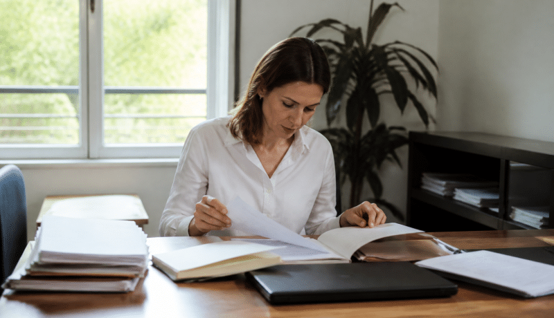 Personne consultant documents papier sur bureau organisé