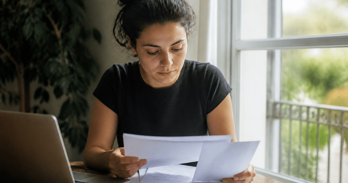 Personne assise consultant documents financiers avec relevé bancaire.