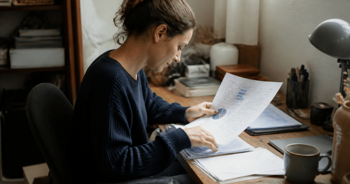 Personne assise à un bureau, consultant documents de formation professionnelle.