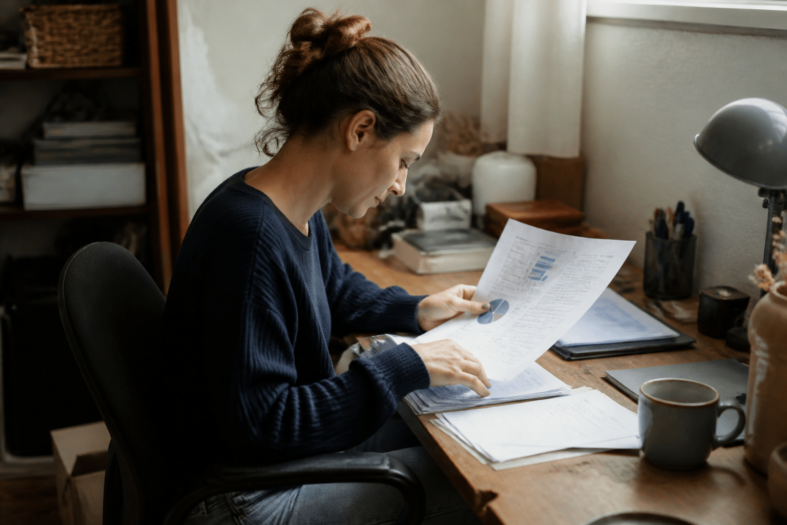 Personne assise à un bureau, consultant documents de formation professionnelle.