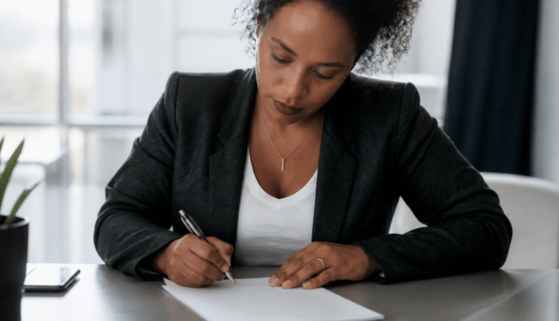 Personne assise a un bureau signant un document officiel