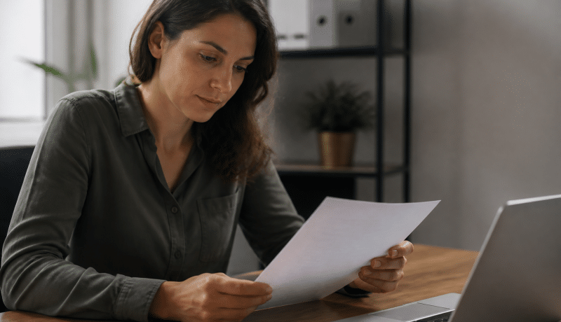 Personne assise au bureau consultant contrat de travail temporaire.