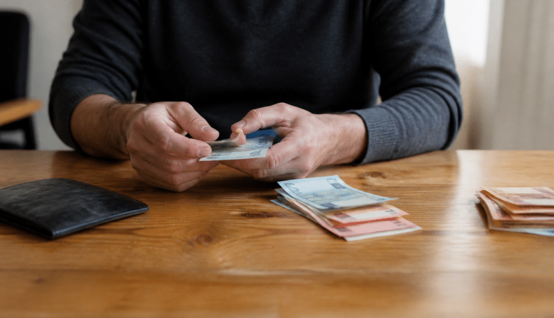 Personne comptant des billets d'euros sur table