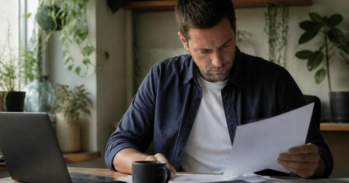 Personne consultant documents financiers à son bureau domicile.