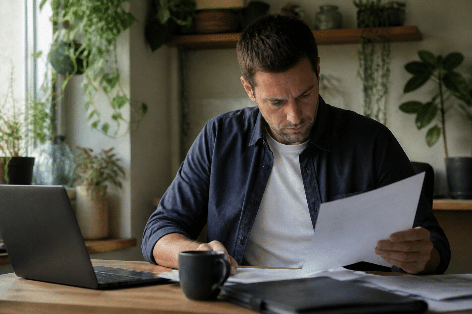 Personne consultant documents financiers à son bureau domicile.