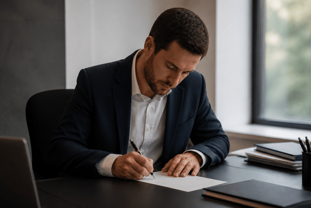 Personne ecrivant une lettre formelle sur un bureau professionnel.