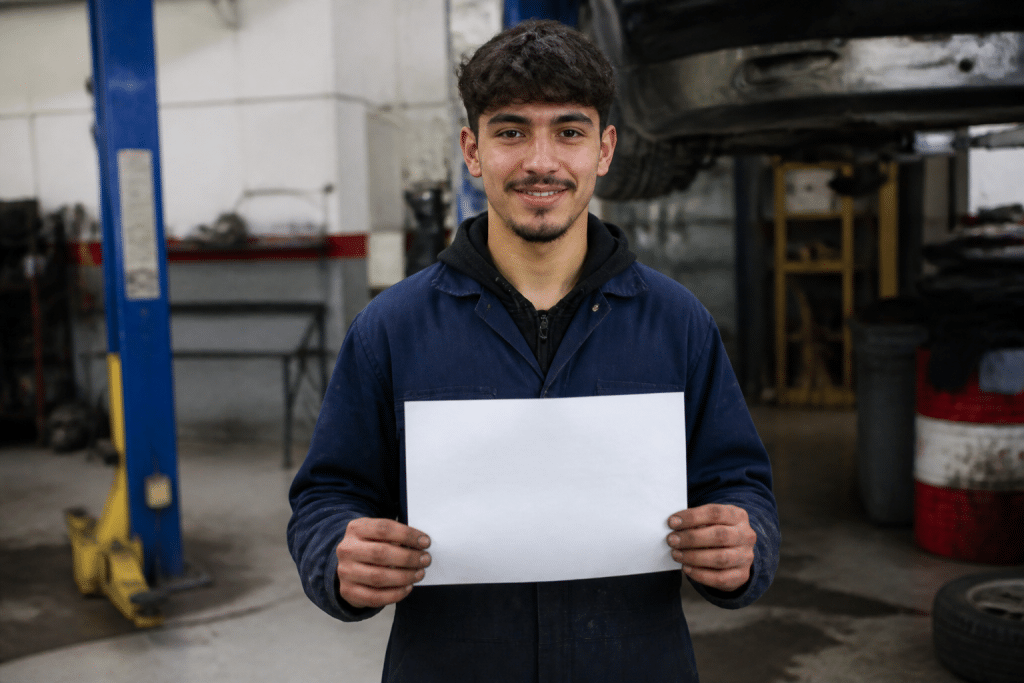 Personne en formation pratique tenant un certificat professionnel