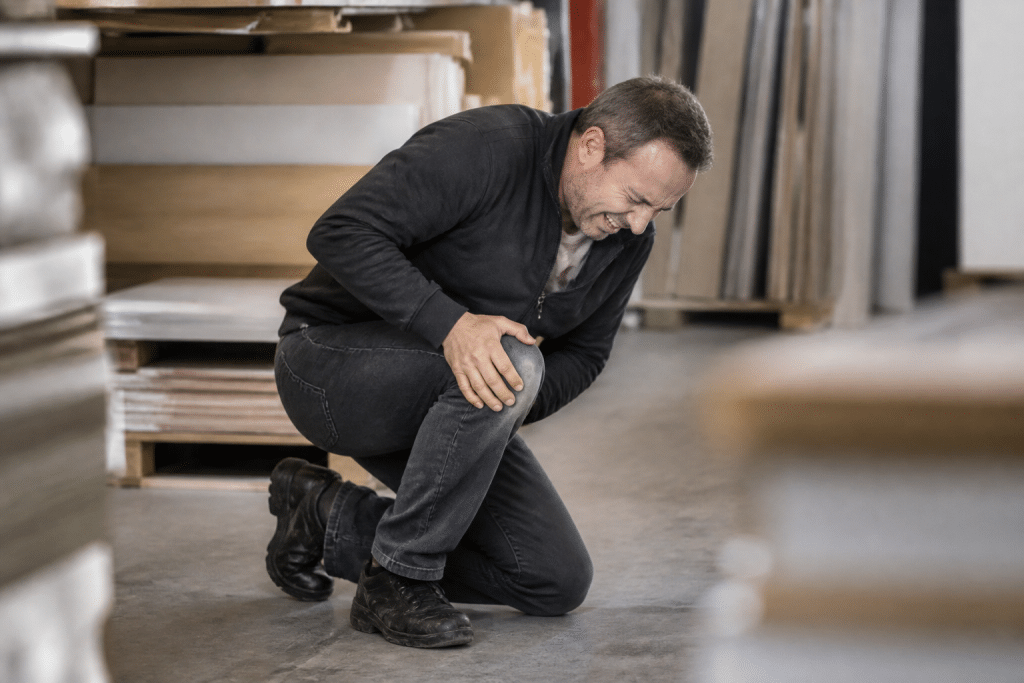 Personne se tordant le genou lors d'une manutention professionnelle.