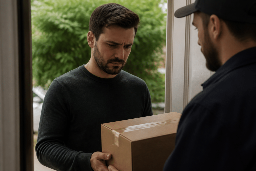 Personne recevant colis avec kit materiel etiquetage suspect