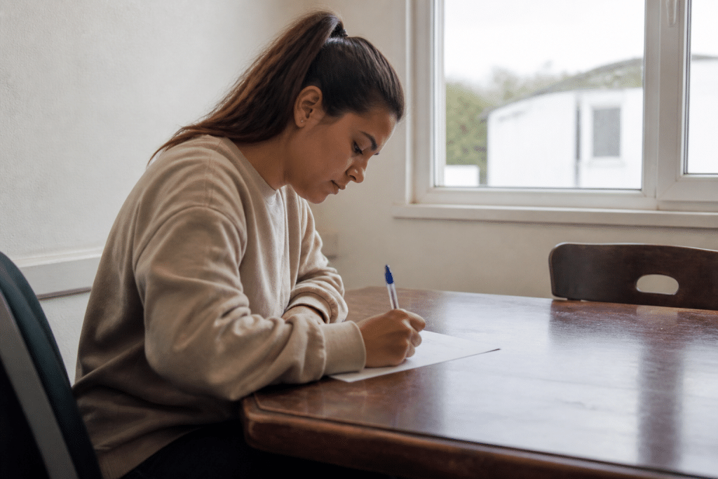 Personne remplissant formulaire d'inscription administrative sur bureau