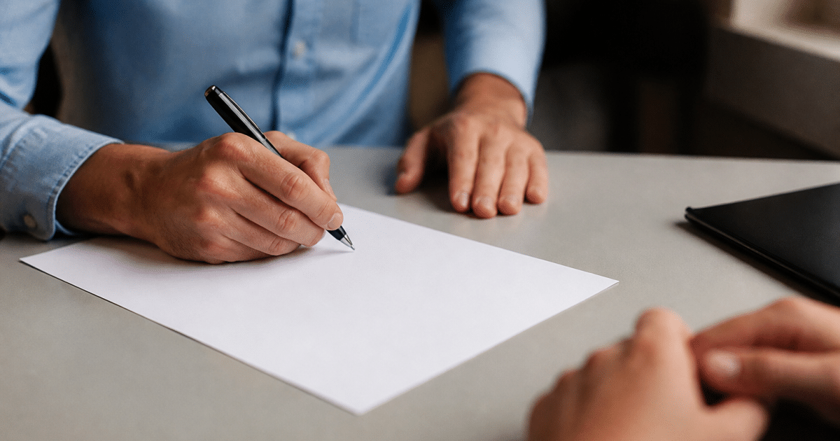 Personne signant un contrat de travail avec stylo noir.