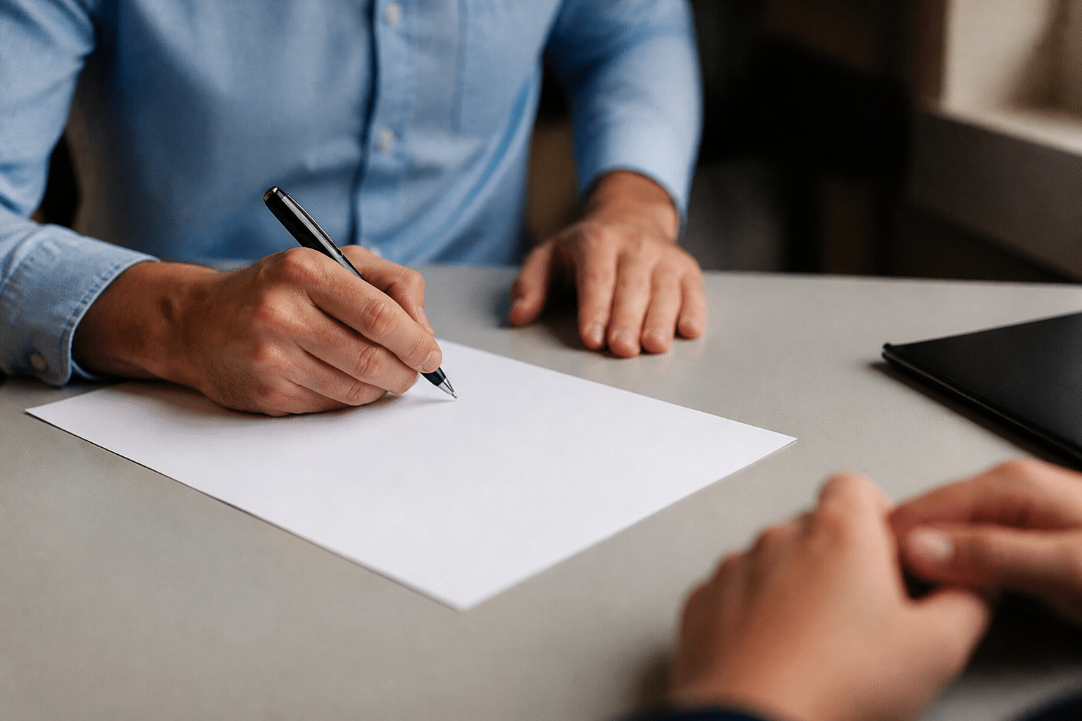 Personne signant un contrat de travail avec stylo noir.