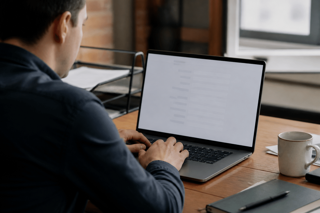 Personne tapant sur clavier avec formulaire a l'ecran