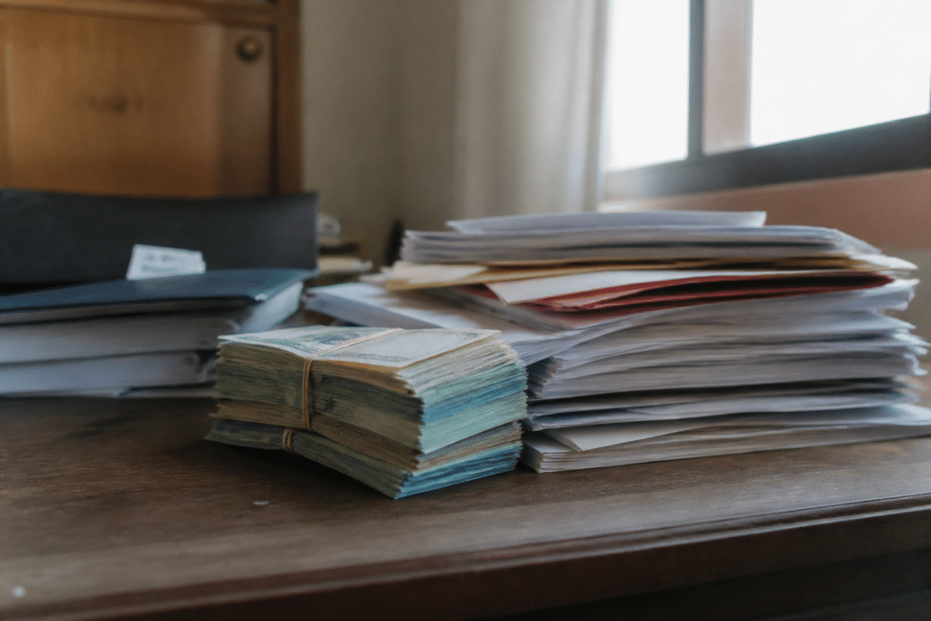 Pile de billets de banque avec documents administratifs empilés