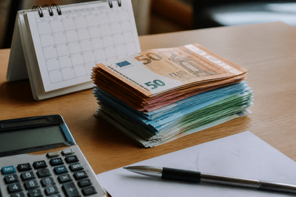 Pile de billets euros avec calendrier et calculs de retrait mensuel.