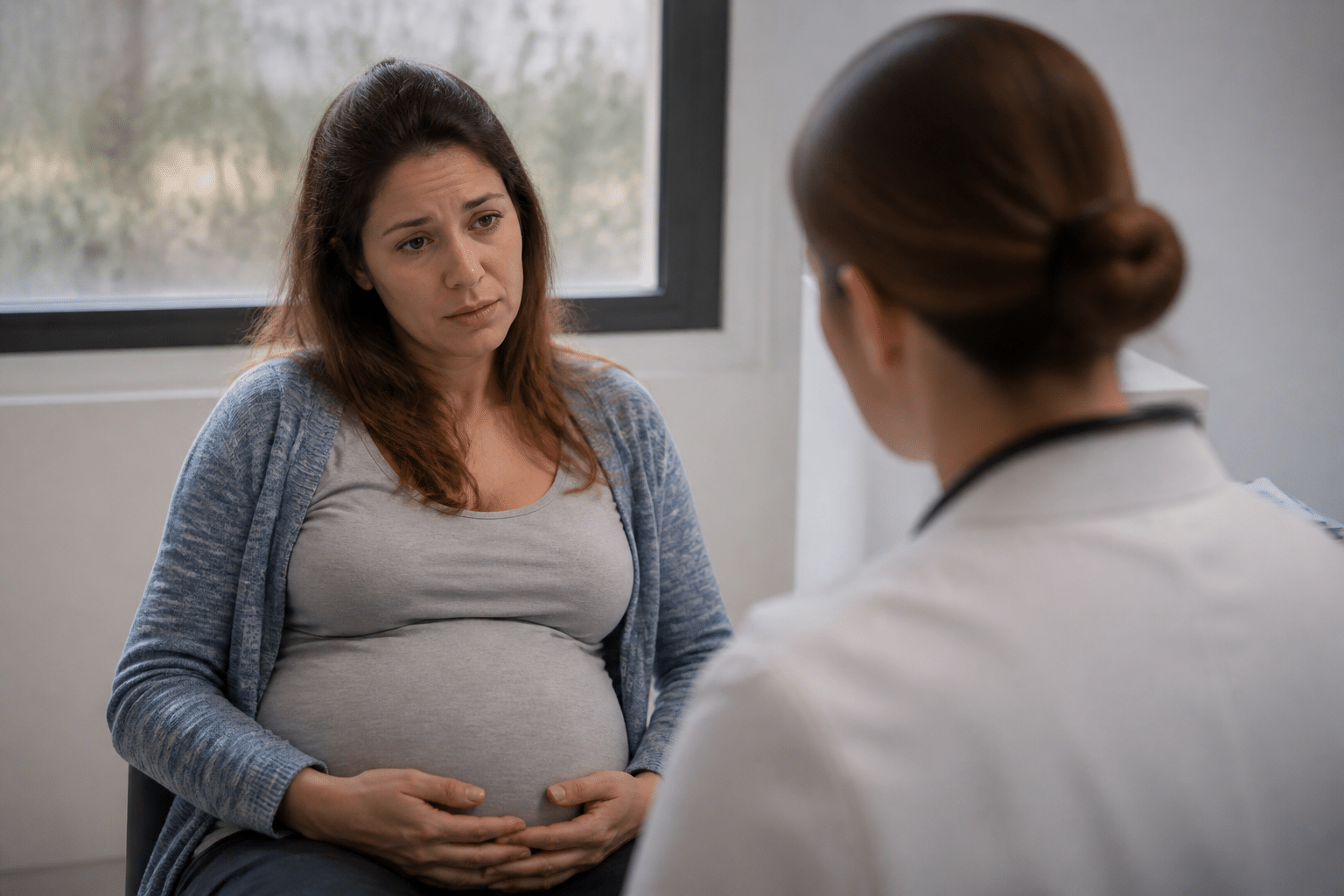 Femme enceinte assise examinee par medecin inquiete