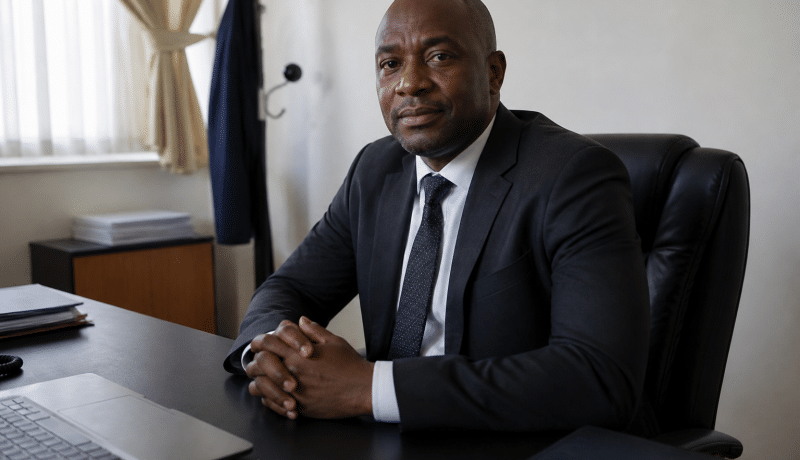 Professionnel en costume assis derriere son bureau