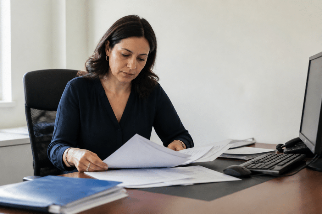 Responsable des ressources humaines examinant dossiers candidature sur bureau