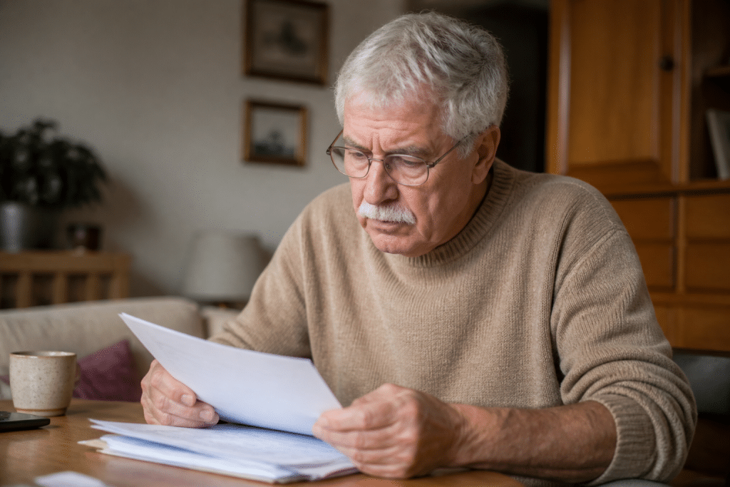 Homme senior consultant documents administratifs sur allocation retraite